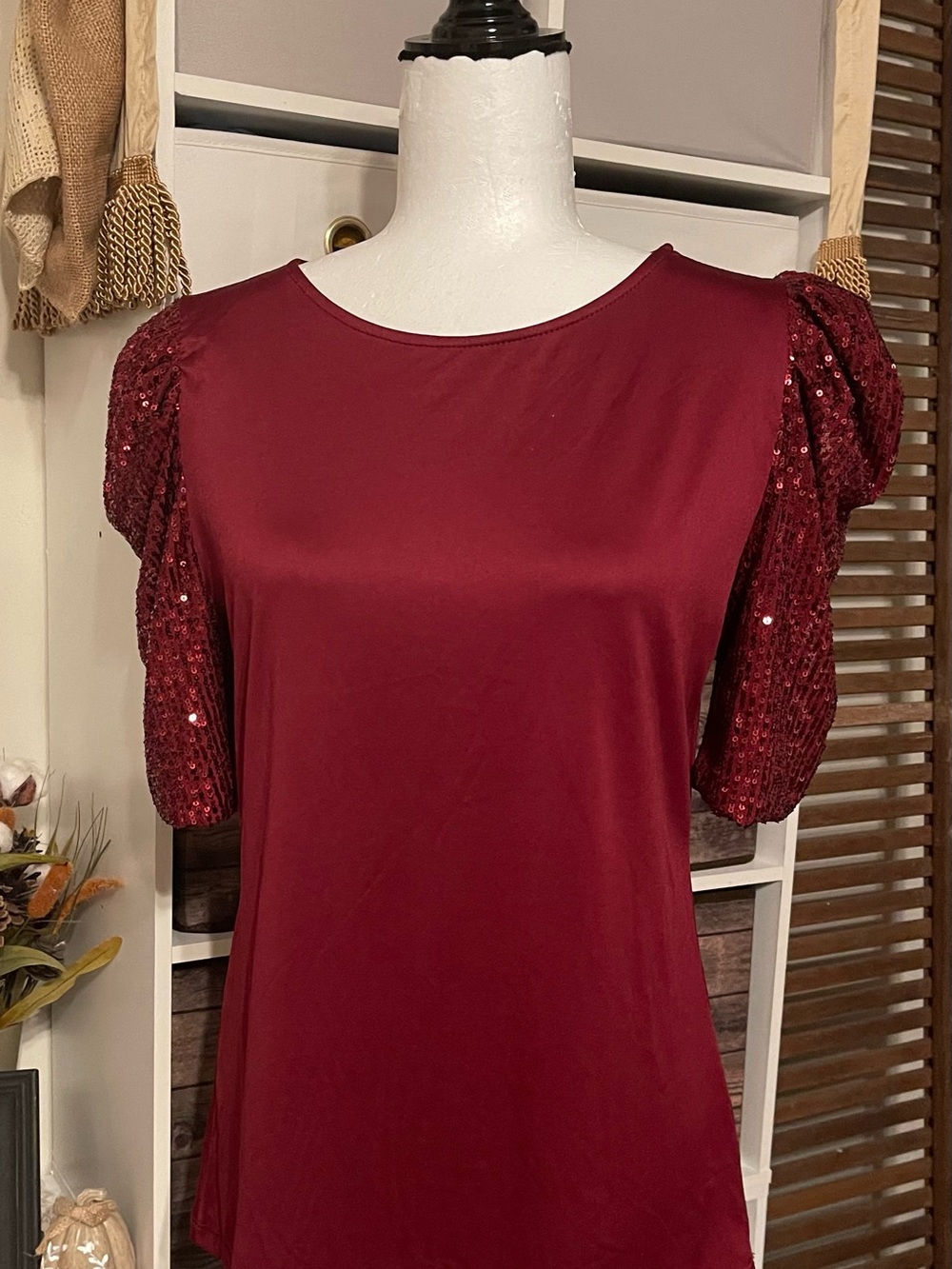 Above and Beyond Burgundy Sequin Puff Sleeve Top